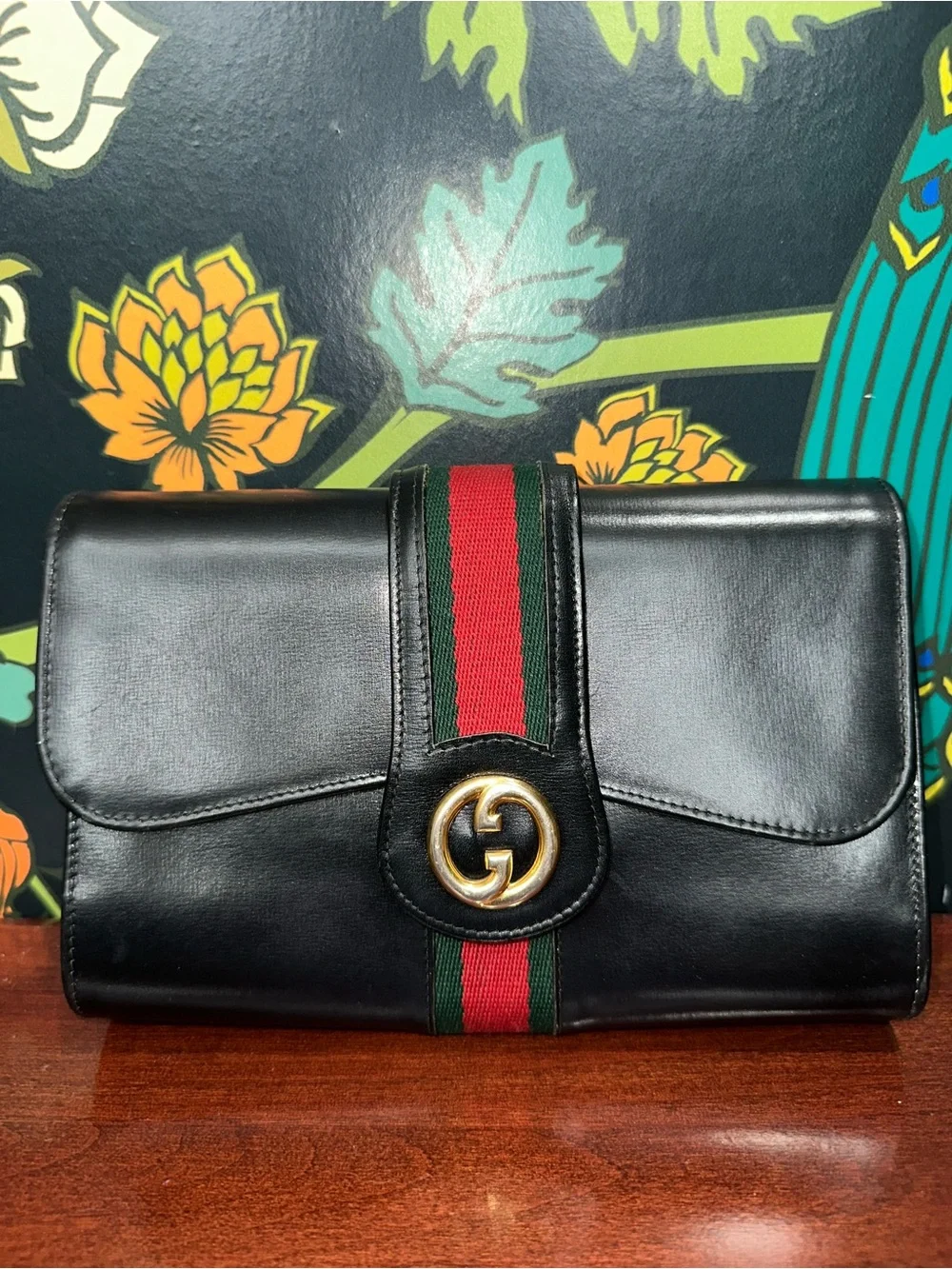 Vintage 1970s Gucci Black Leather Web Stripe GG Clutch